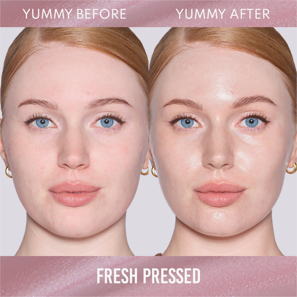 Das Gesicht einer Frau vor und nach dem Auftragen von Danessa Myricks Beauty Yummy Skin Glow Serum Fresh Pressed, das ein glänzendes, taufrisches Finish zeigt.