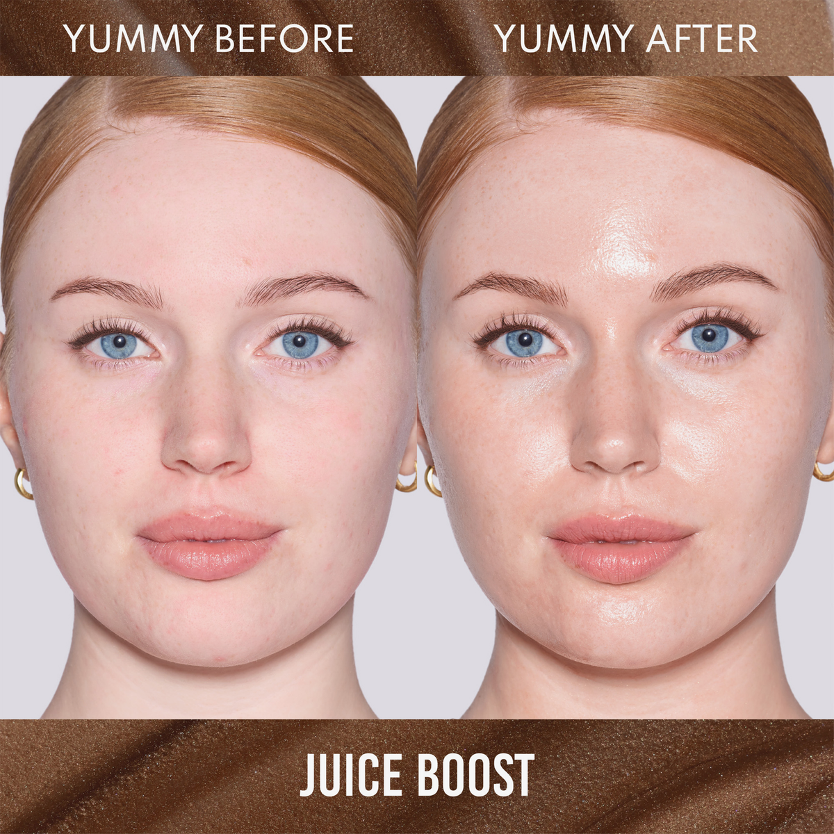 Gegenüberstellung des Gesichts einer Frau vor und nach der Anwendung des Danessa Myricks Beauty Yummy Skin Glow Serum Juice Boost; ihre Haut sieht nach der Anwendung deutlich glatter und glänzender aus.