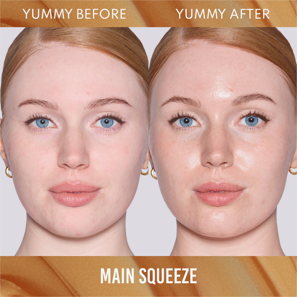 Gegenüberstellung des Gesichts einer Frau: vor (matte Haut) und nach der Anwendung von Danessa Myricks Beauty Yummy Skin Glow Serum Main Squeeze (strahlende, taufrische Haut).