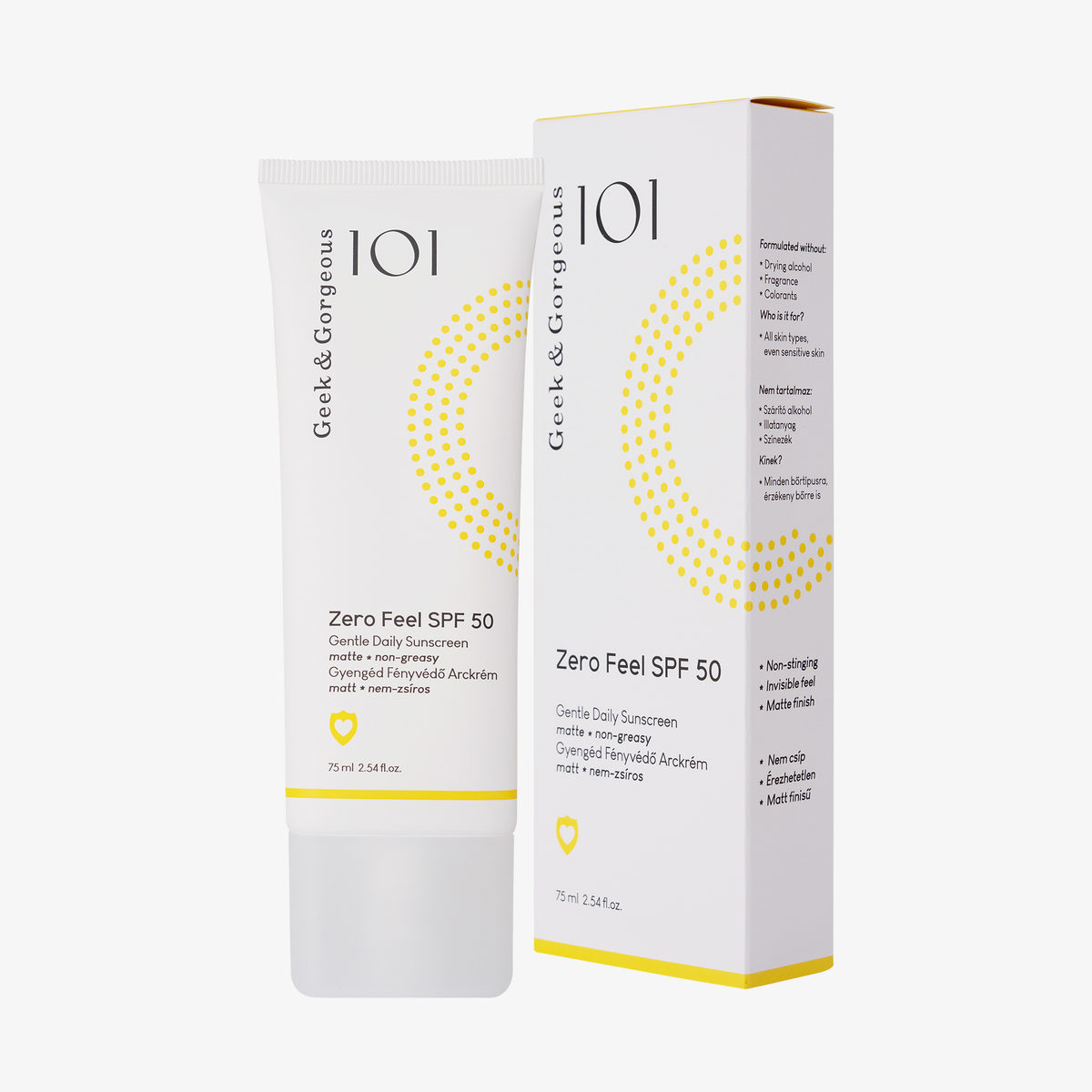 Geek & Gorgeous Zero Feel SPF 50 Sonnenschutzmittel in einer weißen Tube und Schachtel mit gelben Akzenten.