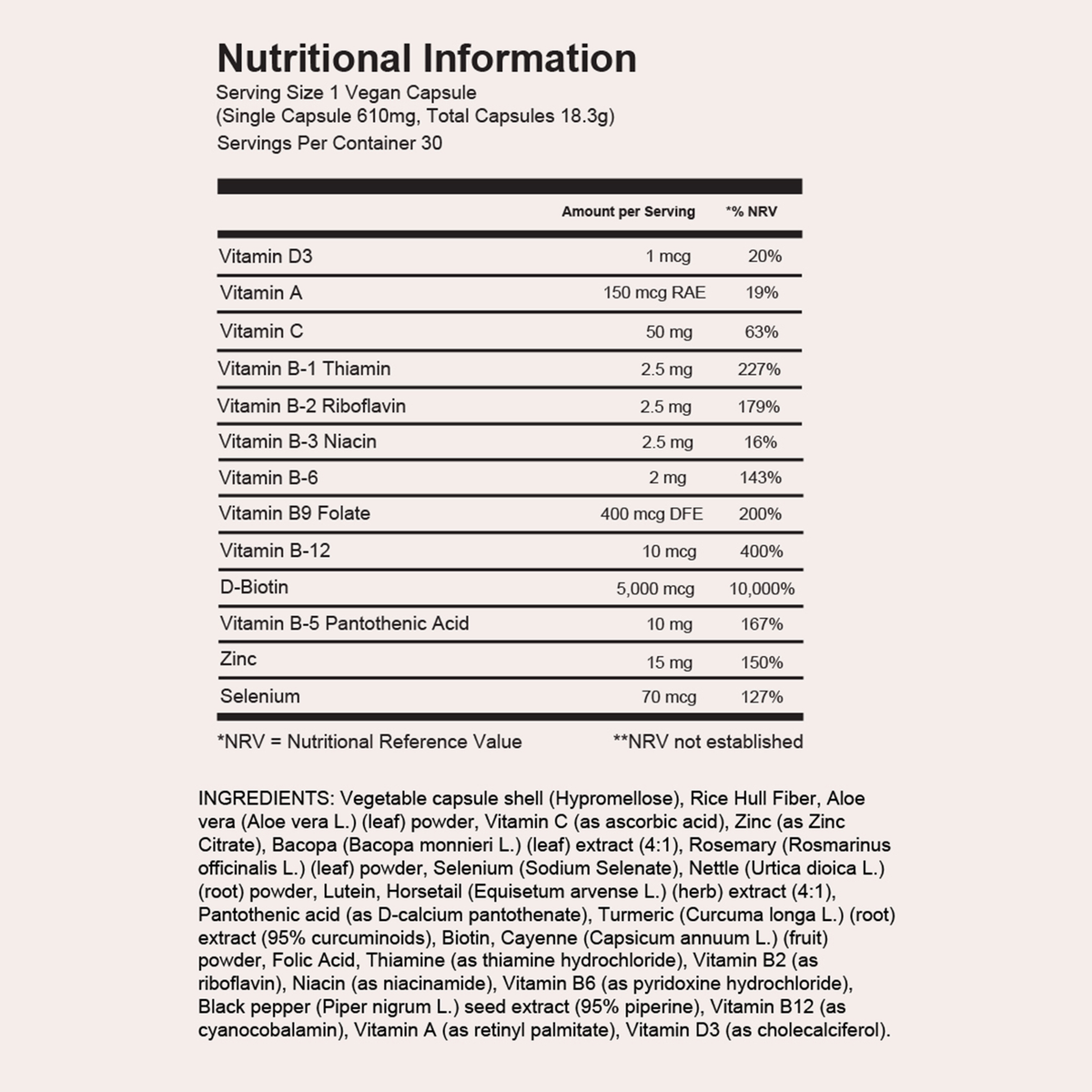 HAIRtamin Advanced Formula 6-Monats-Paket: veganes Nahrungsergänzungsmittel in Kapselform mit Vitaminen, Inhaltsstoffen und einem Etikett mit Anwendungsempfehlungen.
