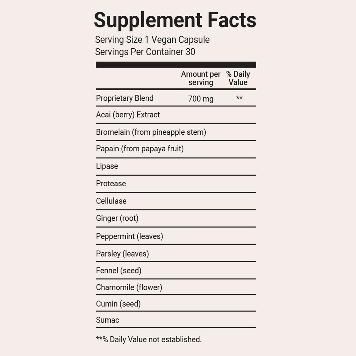 Supplement-Facts-Tabelle für vegane Kapseln mit Zutaten wie Acai, Enzymen, Ingwer, Pfefferminze, Fenchel, Kamille und Kreuzkümmel.