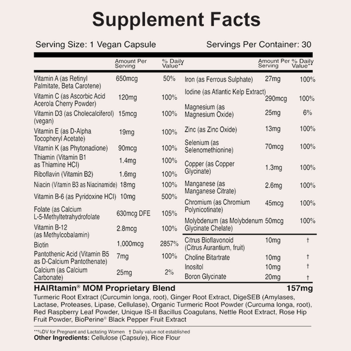 Supplement-Facts-Tabelle von Hairtamin Mom mit Vitaminen, Mineralstoffen und proprietärem Pflanzenmix, schwarz auf hellem Hintergrund.