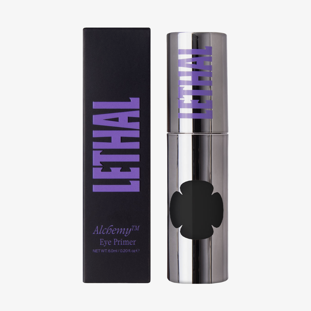 ALCHEMY Eye Primer von Lethal Cosmetics in einem silbernen Flakon mit Fenster und einer schwarzen Schachtel, beide mit lila LETHAL-Branding.