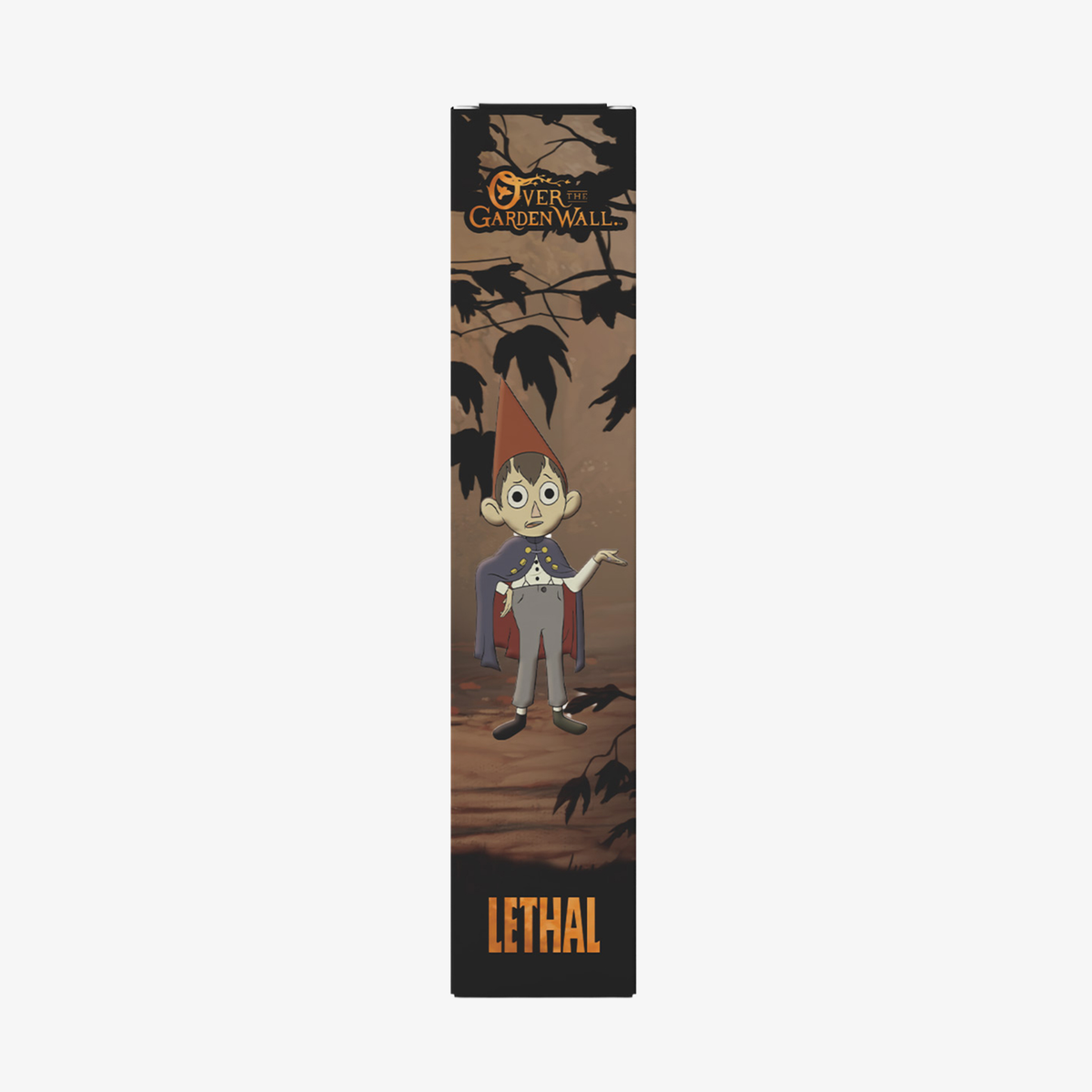 Ein Cartoon-Junge mit einem roten Kegelhut steht unter dem Schriftzug „Over The Garden Wall“. Unten steht „Lethal Cosmetics Poetry & Clarinet Liquid Lipstick“.