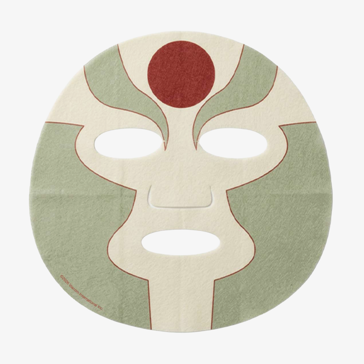„Die Legende von Korra“ – „Equalist Sheet Face Mask“ von Lethal Cosmetics: flache Gesichtsmaske mit Ausschnitten für Augen und Mund, hellgrün-rotes abstraktes Muster.