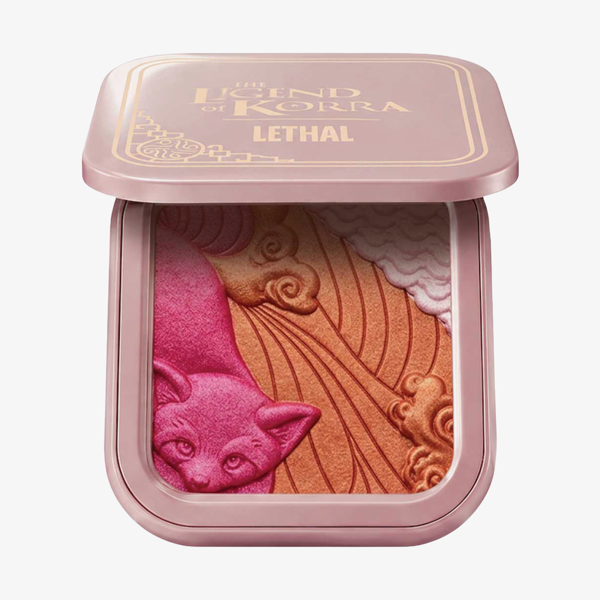 Die Legende von Korra – „Pabu Blushlighter“ von Lethal Cosmetics: Puder in Rosa, Orange und Weiß mit Fuchs- und Wolkenmotiv.