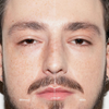 Nahaufnahme des geteilten Gesichts eines Mannes: links „ohne“, rechts „mit“ Ctrl+ SKIN Foundation von LH Cosmetics; zeigt eine sichtbare Verbesserung des Hautbildes.