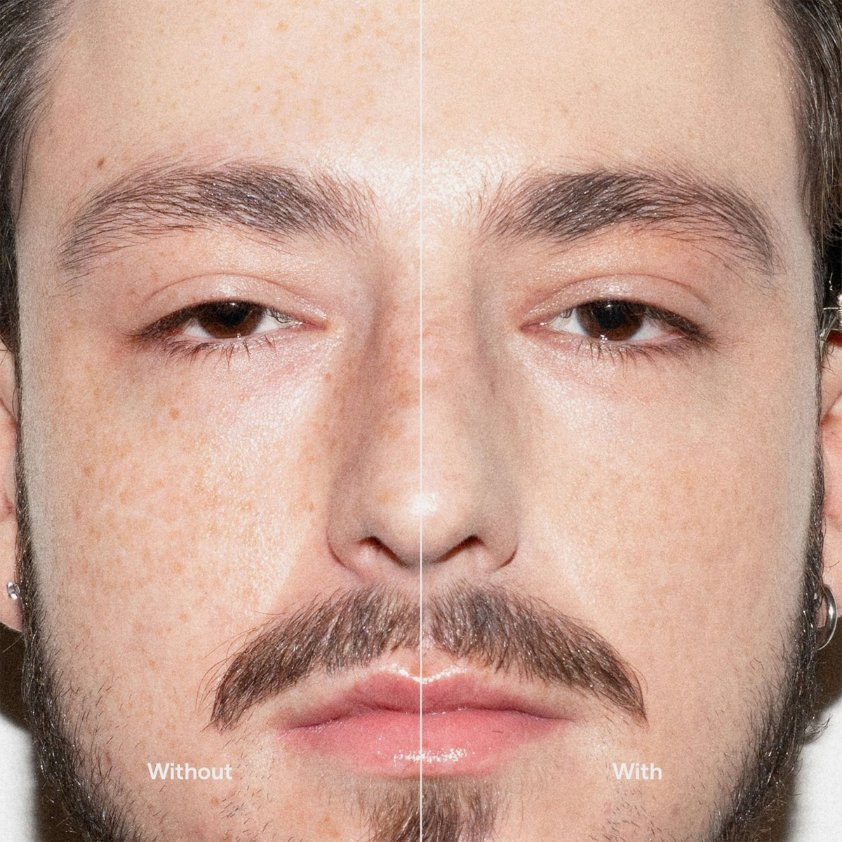 Nahaufnahme des geteilten Gesichts eines Mannes: links „ohne“, rechts „mit“ Ctrl+ SKIN Foundation von LH Cosmetics; zeigt eine sichtbare Verbesserung des Hautbildes.