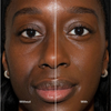 Das Gesicht einer Frau, das in die Bereiche „Without“ und „With Ctrl+ SKIN Foundation“ von LH Cosmetics unterteilt ist, zeigt auf jeder Seite unterschiedliche Hautstrukturen.