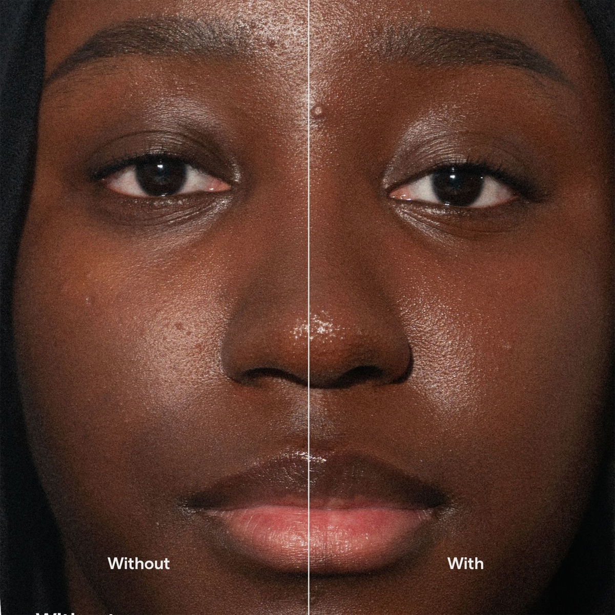 Eine Nahaufnahme eines in zwei Hälften geteilten Gesichts: links die Beschriftung „Ohne“, rechts „Mit Ctrl+ SKIN Foundation von LH Cosmetics“ zum Vergleich.
