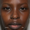 Nahaufnahme eines in zwei Hälften geteilten Gesichts, die die Hautstruktur mit und ohne die Foundation „Ctrl+ SKIN“ von LH Cosmetics zeigt. Beschriftungen: Ohne, Mit.
