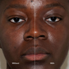 Nahaufnahme der Gesichtshälfte, die die Haut ohne und mit der „Ctrl+ SKIN“-Foundation von LH Cosmetics zeigt – für ein strahlendes, gepflegtes Aussehen.