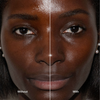 Nahaufnahme des Gesichts einer Frau mit und ohne die Foundation „Ctrl+ SKIN“ von LH Cosmetics, zur besseren Vergleichbarkeit in der Mitte geteilt.