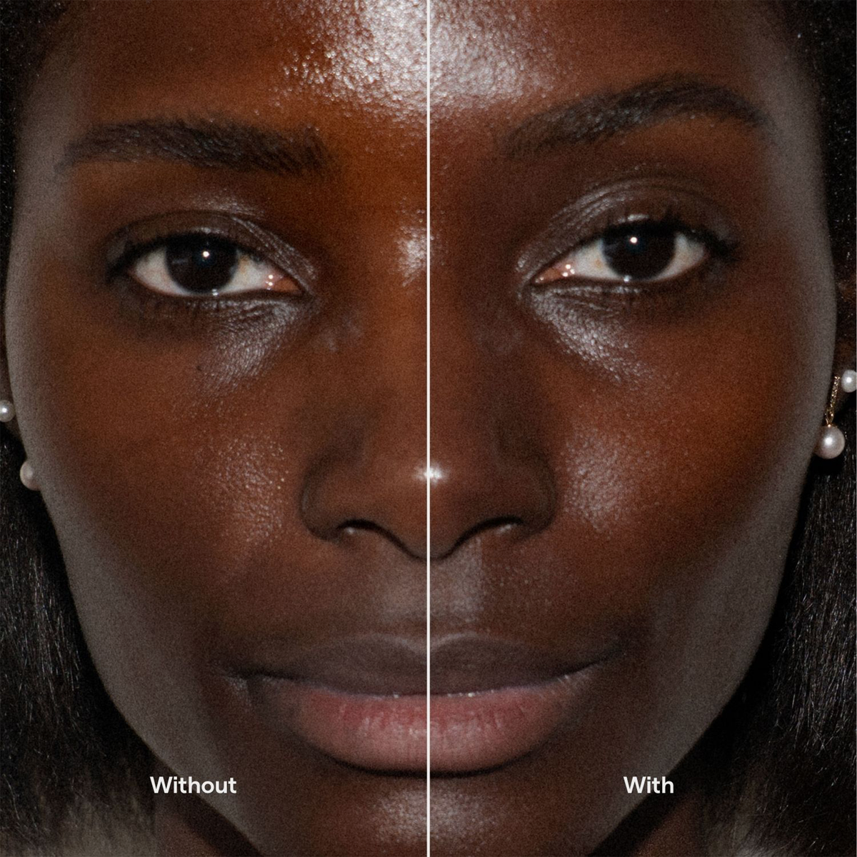 Nahaufnahme des Gesichts einer Frau mit und ohne die Foundation „Ctrl+ SKIN“ von LH Cosmetics, zur besseren Vergleichbarkeit in der Mitte geteilt.