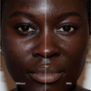 Nahaufnahme des Gesichts einer Frau, zur Hälfte mit und zur Hälfte ohne die Foundation „Ctrl+ SKIN“ von LH Cosmetics, die den Unterschied in der Hautstruktur verdeutlicht.