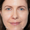 Nahaufnahme des Gesichts einer Frau: linke Seite ungeschminkt, rechte Seite mit der Foundation „Ctrl+ SKIN“ von LH Cosmetics.