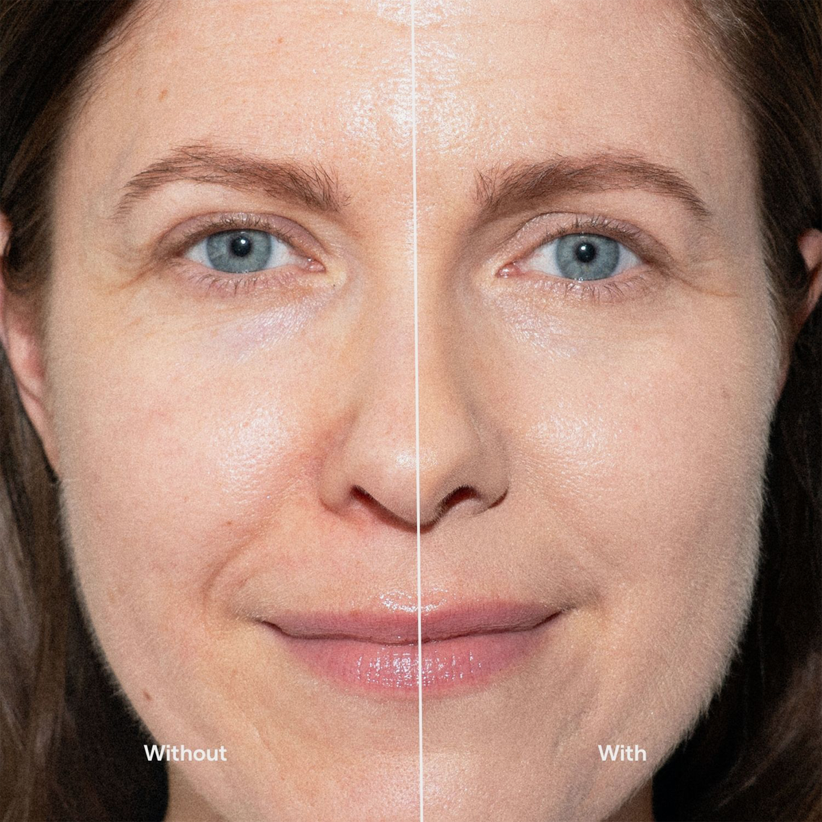 Nahaufnahme des Gesichts einer Frau: linke Seite ungeschminkt, rechte Seite mit der Foundation „Ctrl+ SKIN“ von LH Cosmetics.