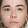 Das Split-Face-Vergleichsbild zeigt ungeschminkte Haut im Vergleich zur „Ctrl+ SKIN“-Foundation von LH Cosmetics, wobei auf der rechten Seite ein glatteres Hautbild zu sehen ist.