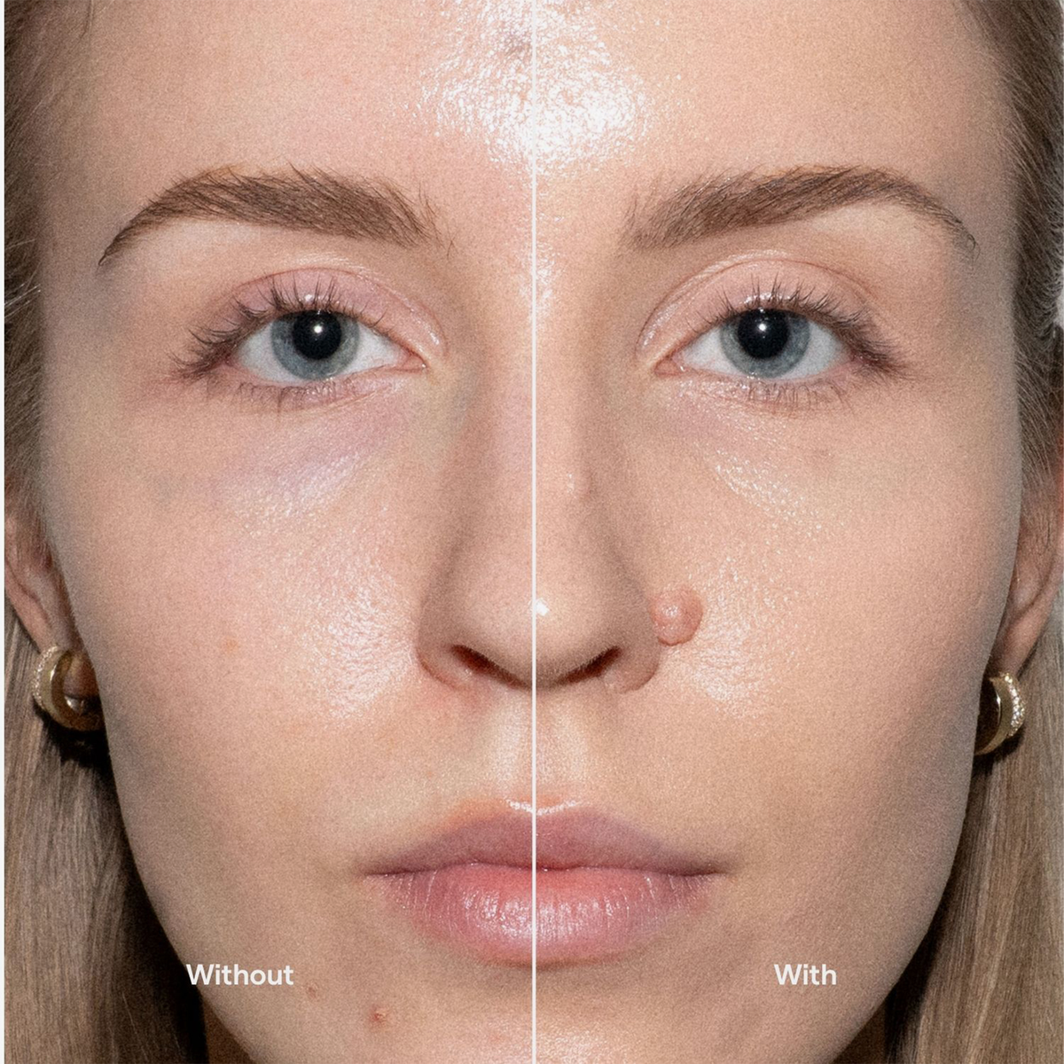 Das Gesicht einer Frau ist in zwei Hälften geteilt: Die linke Seite ist ungeschminkt, auf der rechten Seite trägt sie die Foundation „Ctrl+ SKIN“ von LH Cosmetics – die Haut wirkt glatter und ebenmäßiger.