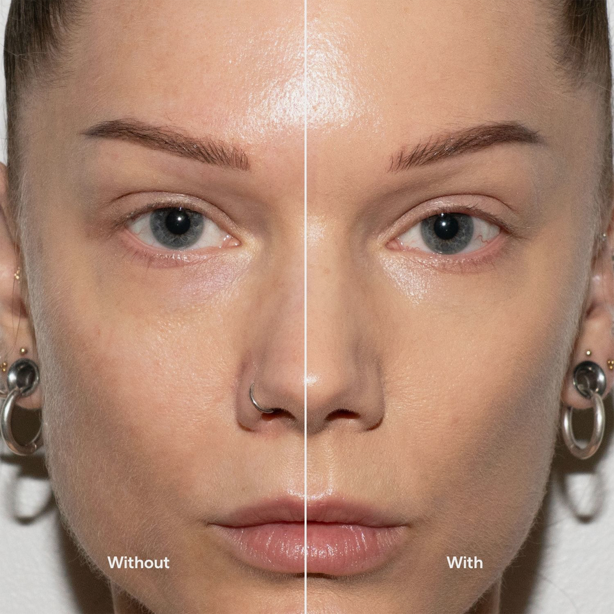 Nahaufnahme, die eine Gesichtshälfte ohne und eine Gesichtshälfte mit der Foundation „Ctrl+ SKIN“ von LH Cosmetics zeigt.