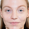 Nahaufnahme des Gesichts einer Frau, das in zwei Hälften geteilt ist, um die Haut mit und ohne die „Ctrl+ SKIN“-Foundation von LH Cosmetics zu vergleichen.