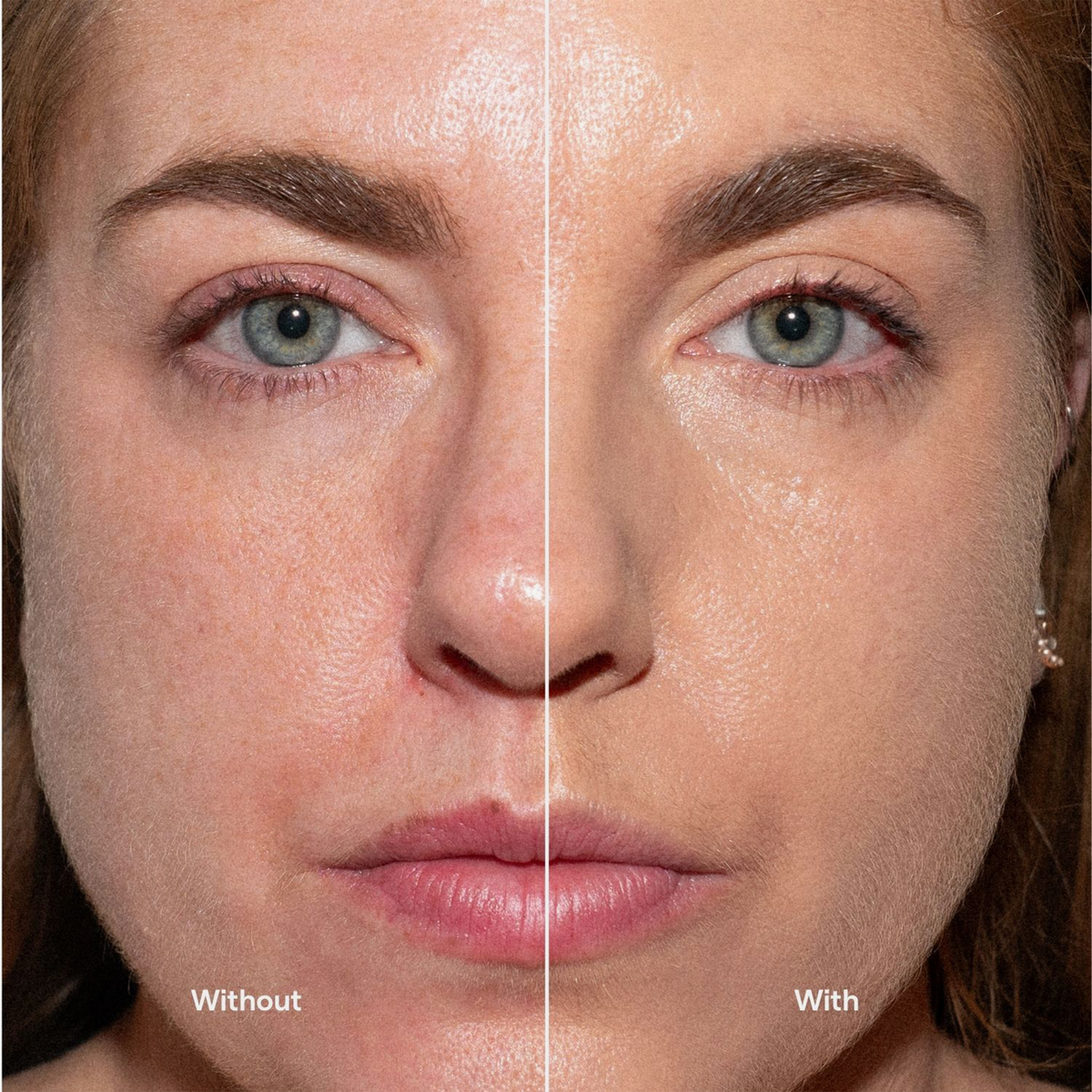 Eine Nahaufnahme der Gesichtshälfte zeigt den Unterschied in der Hautstruktur mit und ohne die „Ctrl+ SKIN“-Foundation von LH Cosmetics.