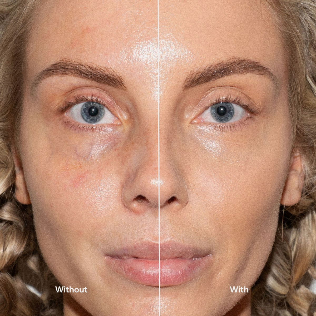 Bild einer Frau mit „Split-Face“-Effekt: rechts mit der Foundation „Ctrl+ SKIN“ von LH Cosmetics, links mit ungeschminkter Haut.
