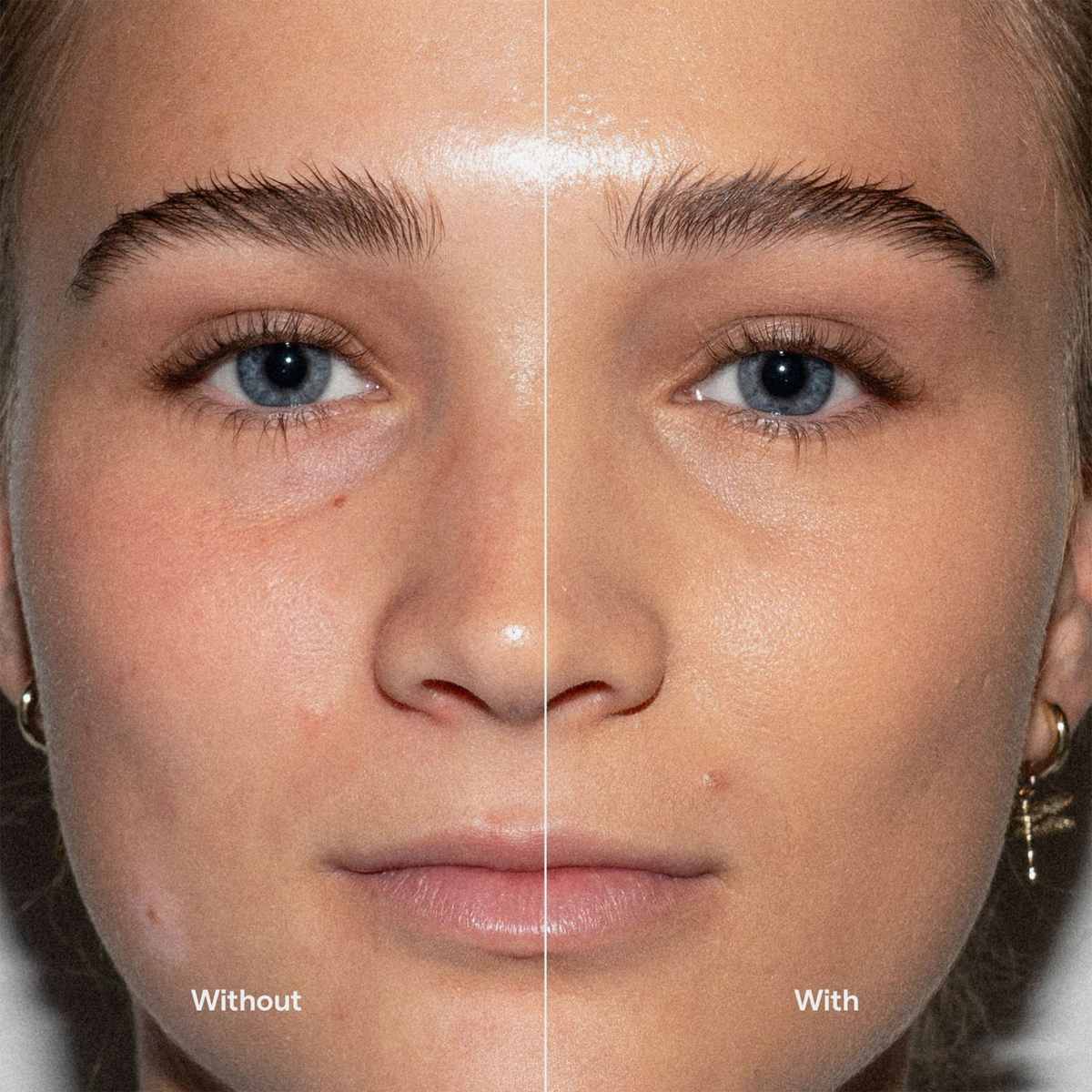 Nahaufnahme des Gesichts einer Frau, zur Veranschaulichung zur Hälfte mit der „Ctrl+ SKIN“-Foundation von LH Cosmetics und zur anderen Hälfte ohne.