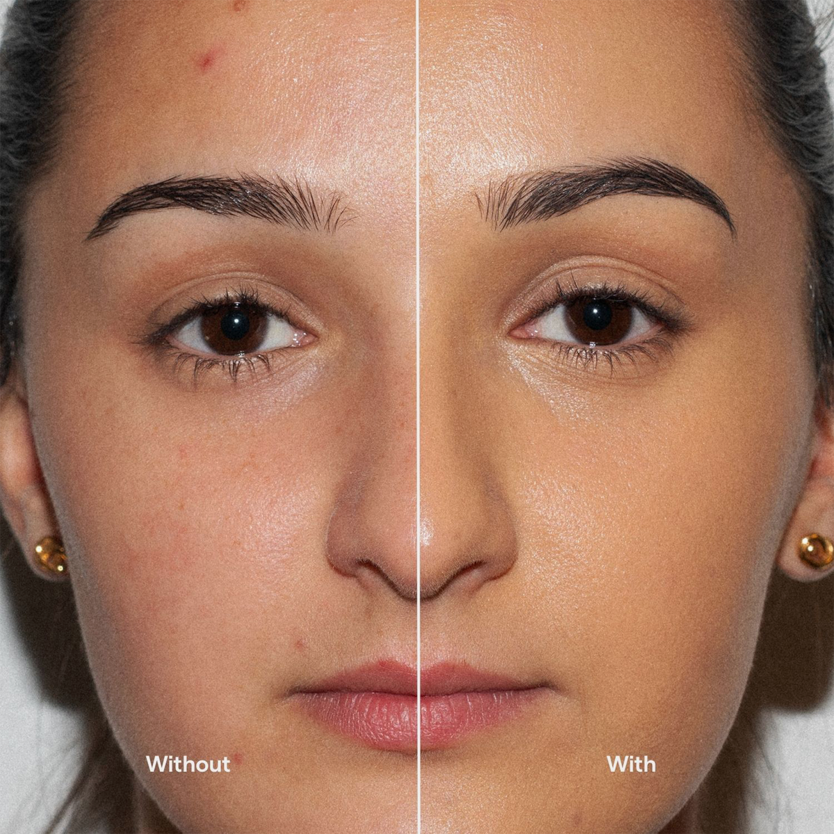 Links: ohne Make-up. Rechts: makellose Haut mit der „Ctrl+ SKIN“-Foundation von LH Cosmetics.