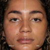 Nahaufnahme: linke Seite ungeschminkt, rechte Seite mit der „Ctrl+ SKIN“-Foundation von LH Cosmetics – die Haut wirkt glatter und ebenmäßiger.