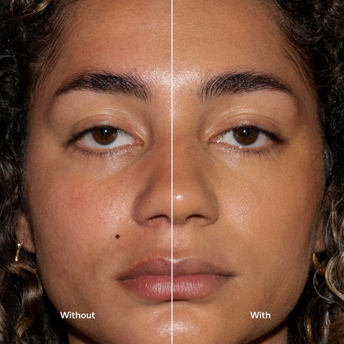 Nahaufnahme: linke Seite ungeschminkt, rechte Seite mit der „Ctrl+ SKIN“-Foundation von LH Cosmetics – die Haut wirkt glatter und ebenmäßiger.