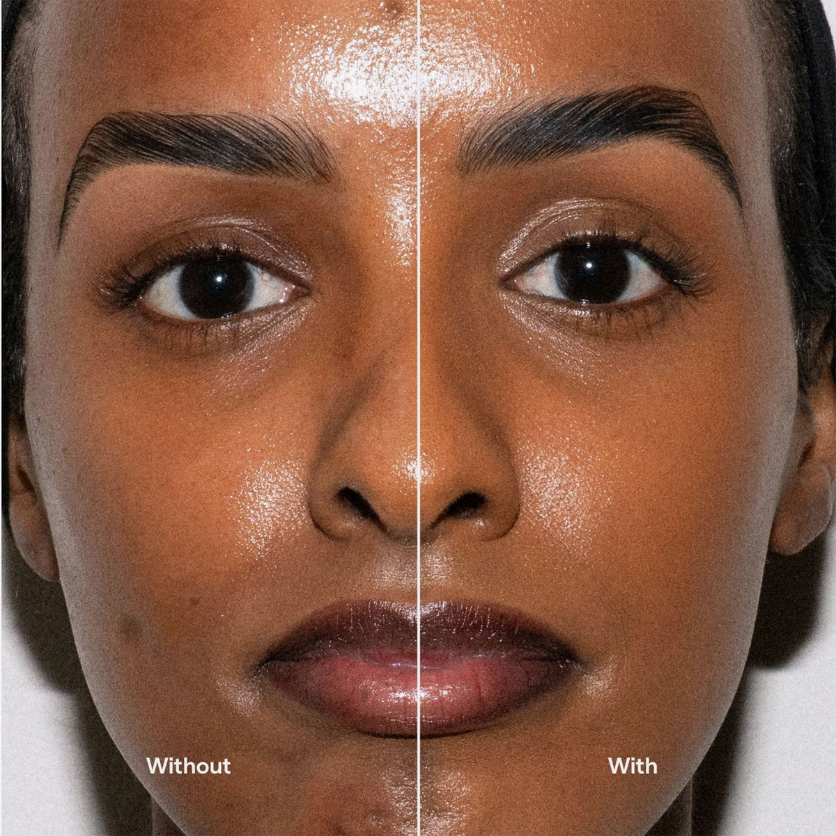 Das Gesicht einer Frau ist in zwei Hälften geteilt: links mit der Beschriftung „Ohne“, rechts „Mit LH Cosmetics Ctrl+ SKIN Foundation“, um die Unterschiede beim Make-up zu verdeutlichen.