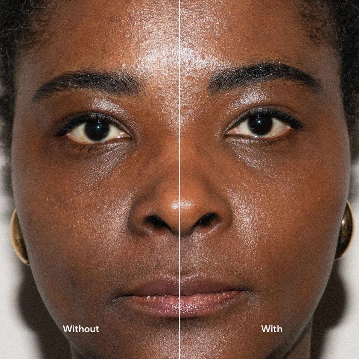 Eine Nahaufnahme der Gesichtshälfte zeigt die Haut mit und ohne die Foundation „Ctrl+ SKIN“ von LH Cosmetics und verdeutlicht so den Unterschied.