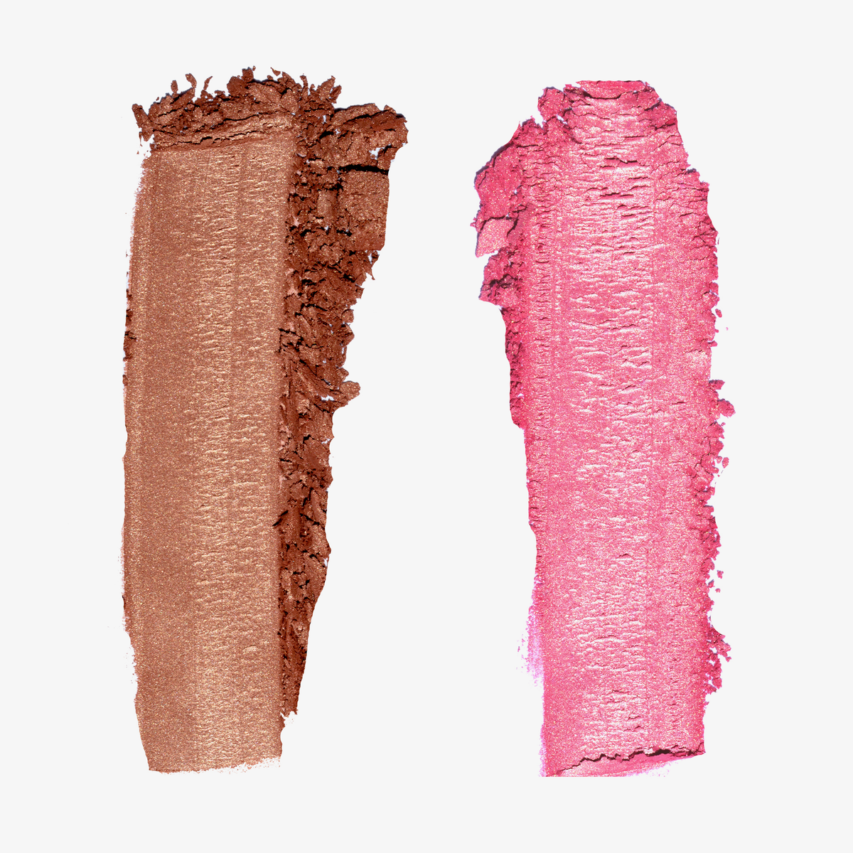 Zwei Swatches der LH Cosmetics Duo Dimension Charming in einem bronzenen und einem rosaroten schimmernden Farbton auf weißem Hintergrund.