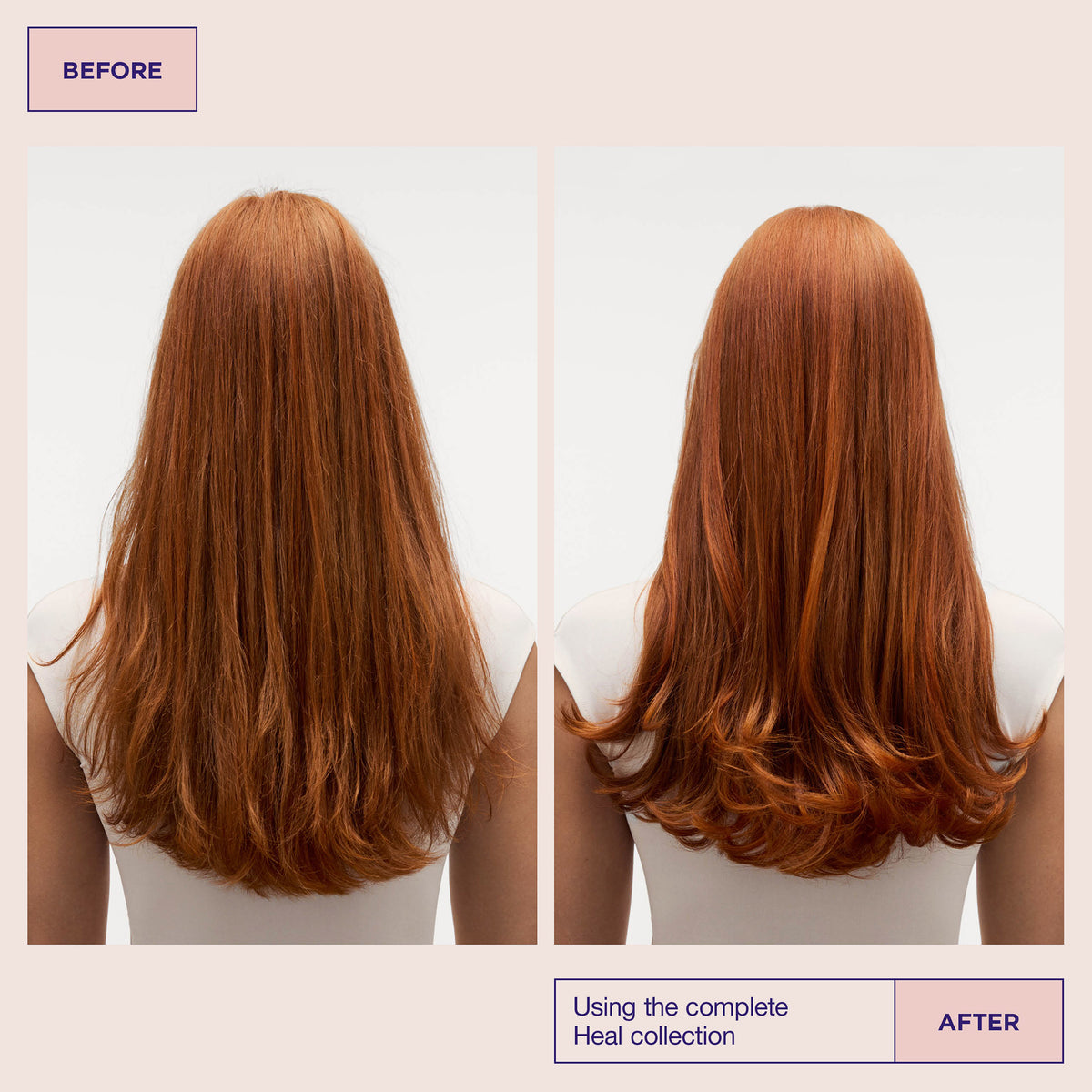 Frau mit langem rotem Haar, von hinten gesehen; links vor, rechts nach der Anwendung von Maria Nila Healing Cica Oil.