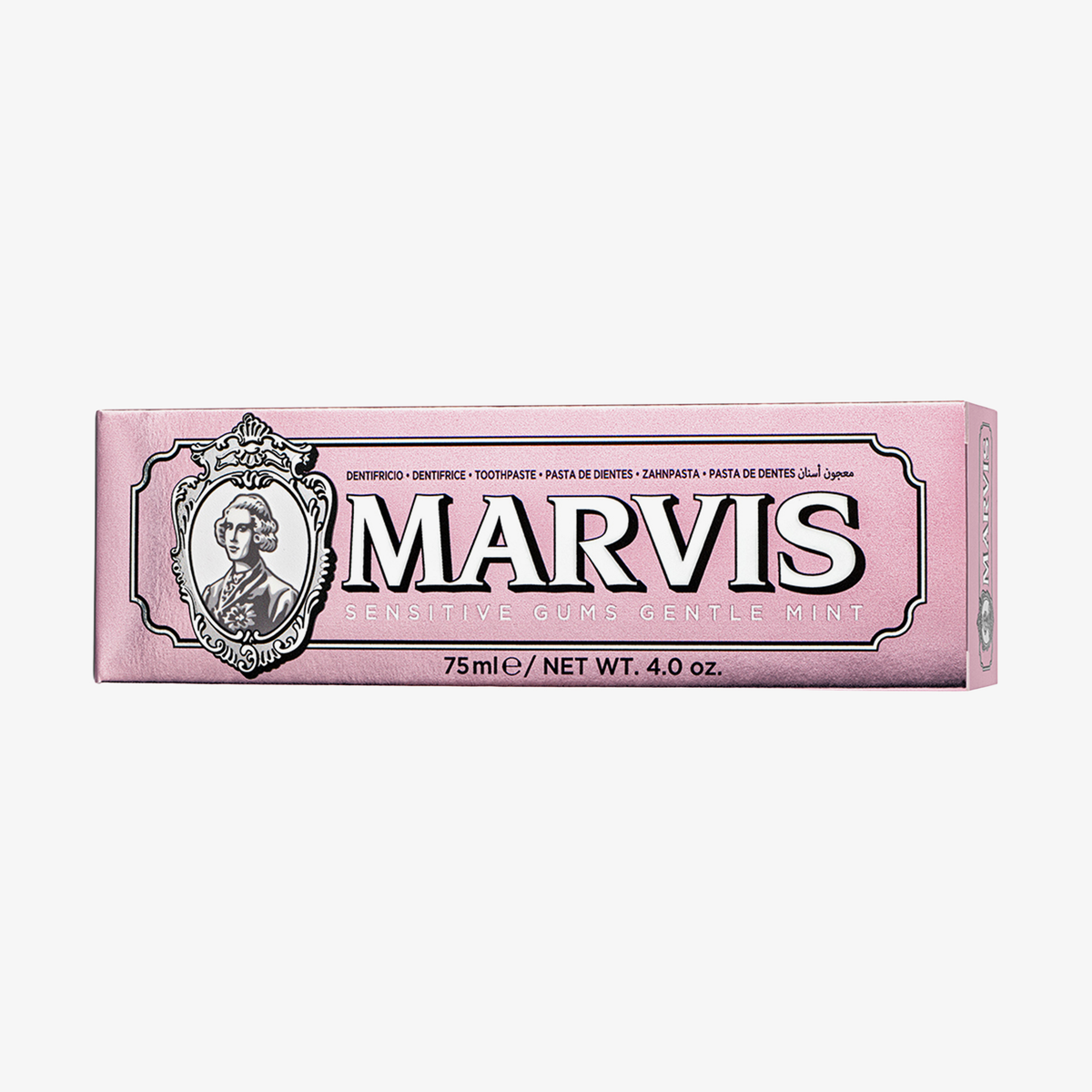 Rosa Schachtel mit Marvis Zahnpasta „Sensitive Gums Gentle Mint“, 75 ml, mit einem Logo im Vintage-Stil.
