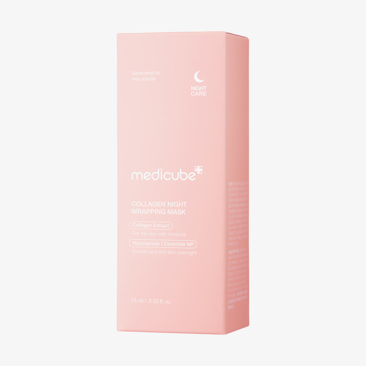Rosafarbene Schachtel Collagen Night Wrapping Mask mit weißem Text und Produktdetails auf der Vorderseite.