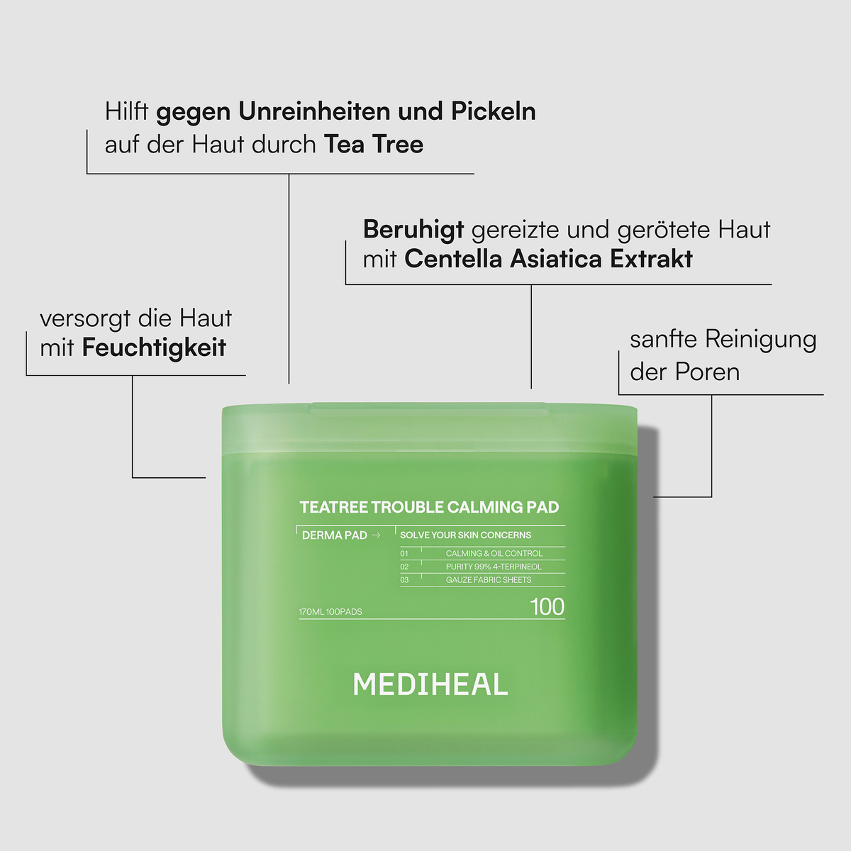 Verpackung der „Mediheal Teatree Trouble Calming Pad“ mit deutschem Text, in dem die Vorteile des Produkts hervorgehoben werden.