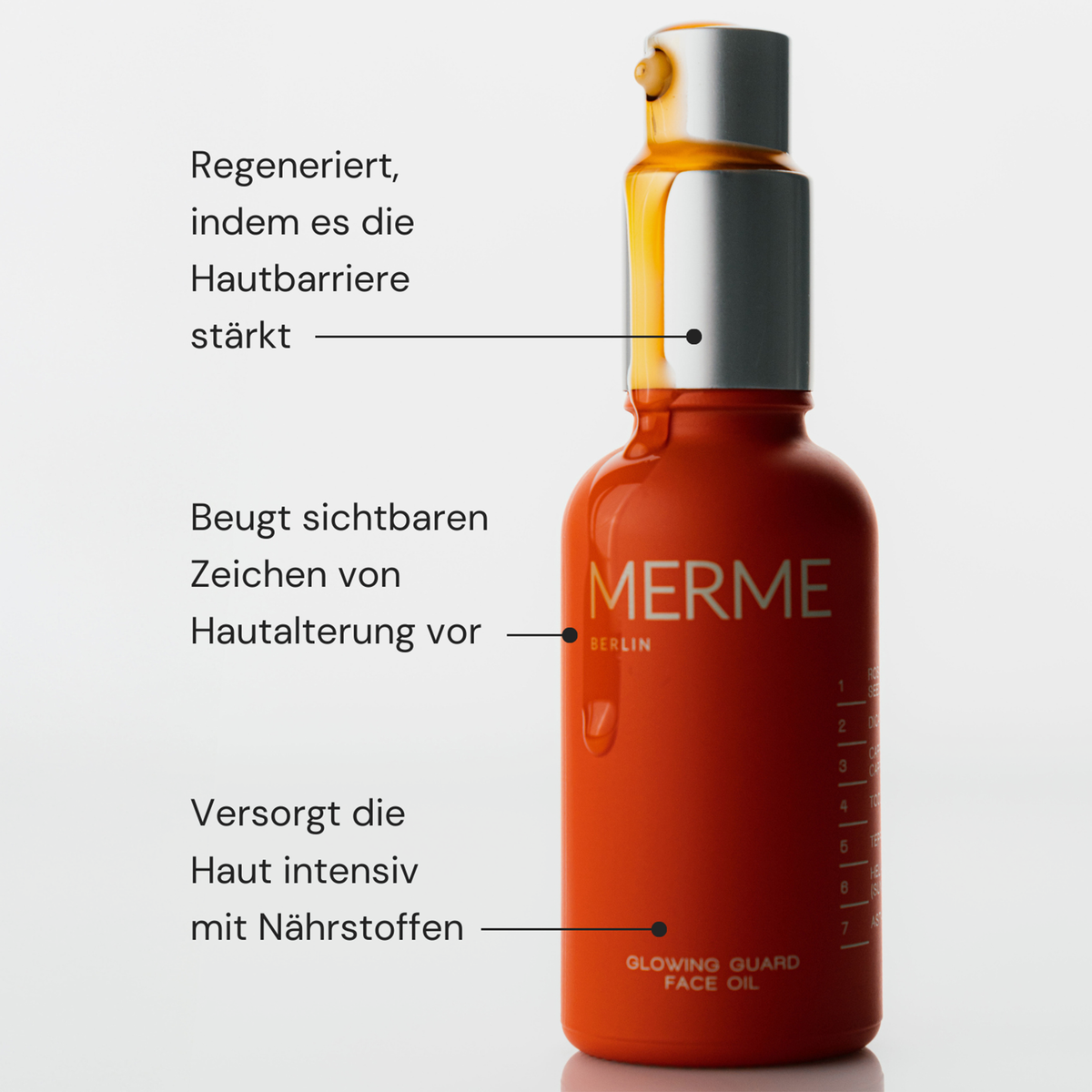 Glowing Guard Face Oil von MERME in einer orangefarbenen Flasche mit deutschem Text über die Vorteile der Hautpflege auf weißem Hintergrund.