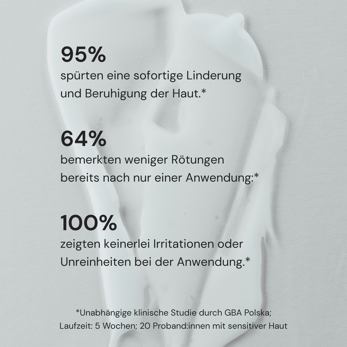 Weiße Creme auf grauem Hintergrund, mit Prozentangaben und Text zur MERME Milky Drops Face Moisturiser Hautpflege-Studie.