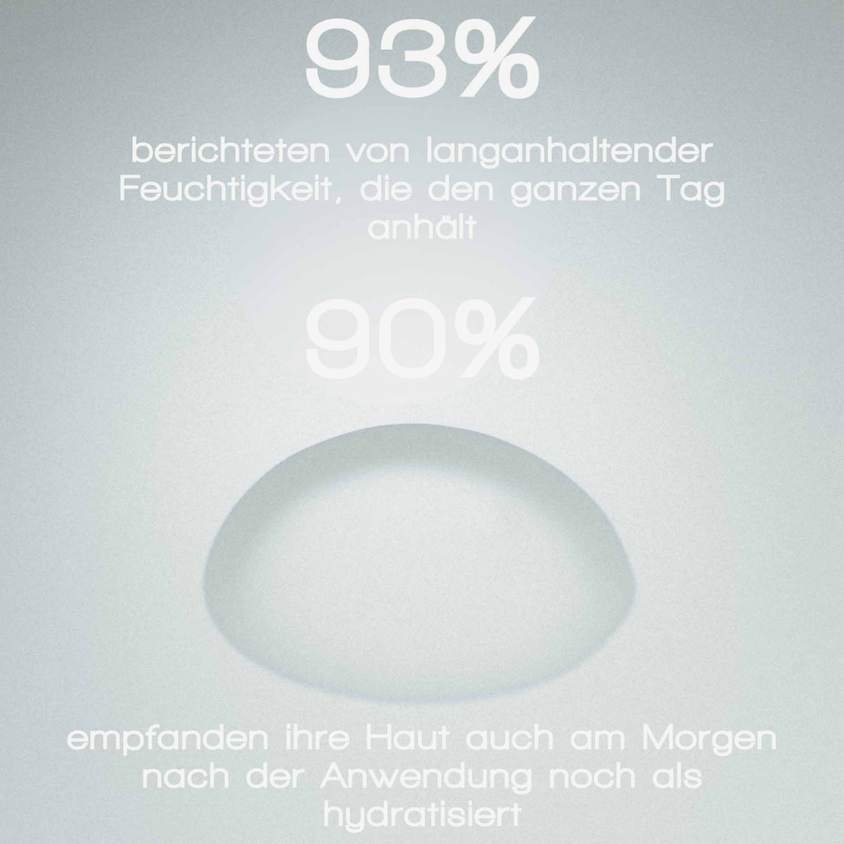 Weiches Bild eines Wassertropfens mit deutschem Text und Prozentangaben, die das More Moisture Face Serum von MERME und seine lang anhaltende Feuchtigkeitszufuhr für die Haut hervorheben.
