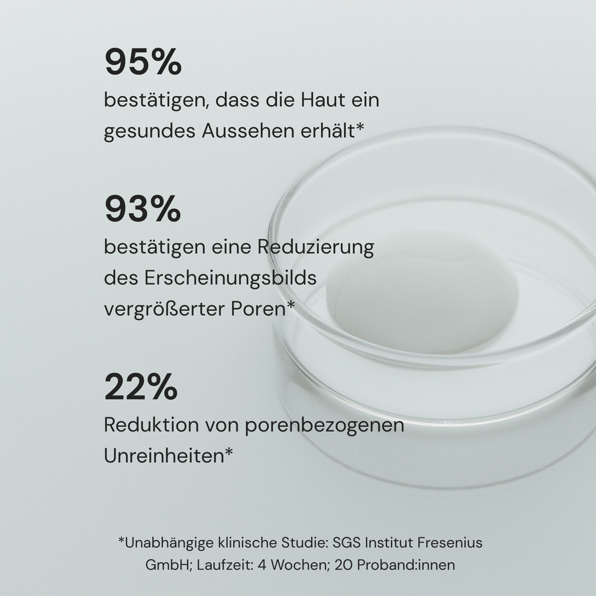 Der deutsche Text zeigt Hautpflegestatistiken neben dem MERME Pore & Line Refine Face Serum auf einem hellen Hintergrund mit einer klaren Petrischale.