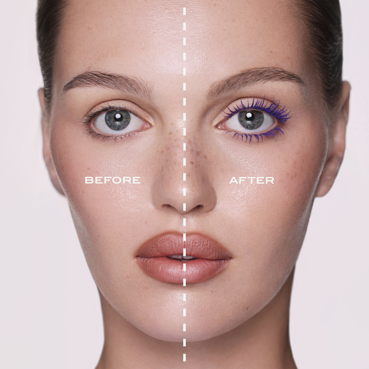 Das Gesicht einer Frau ist in zwei Hälften geteilt; links ist das „Vorher“-Bild, rechts das „Nachher“-Bild mit der NABLA Beyond Bold Mascara in kräftigem Lila auf ihren Wimpern.