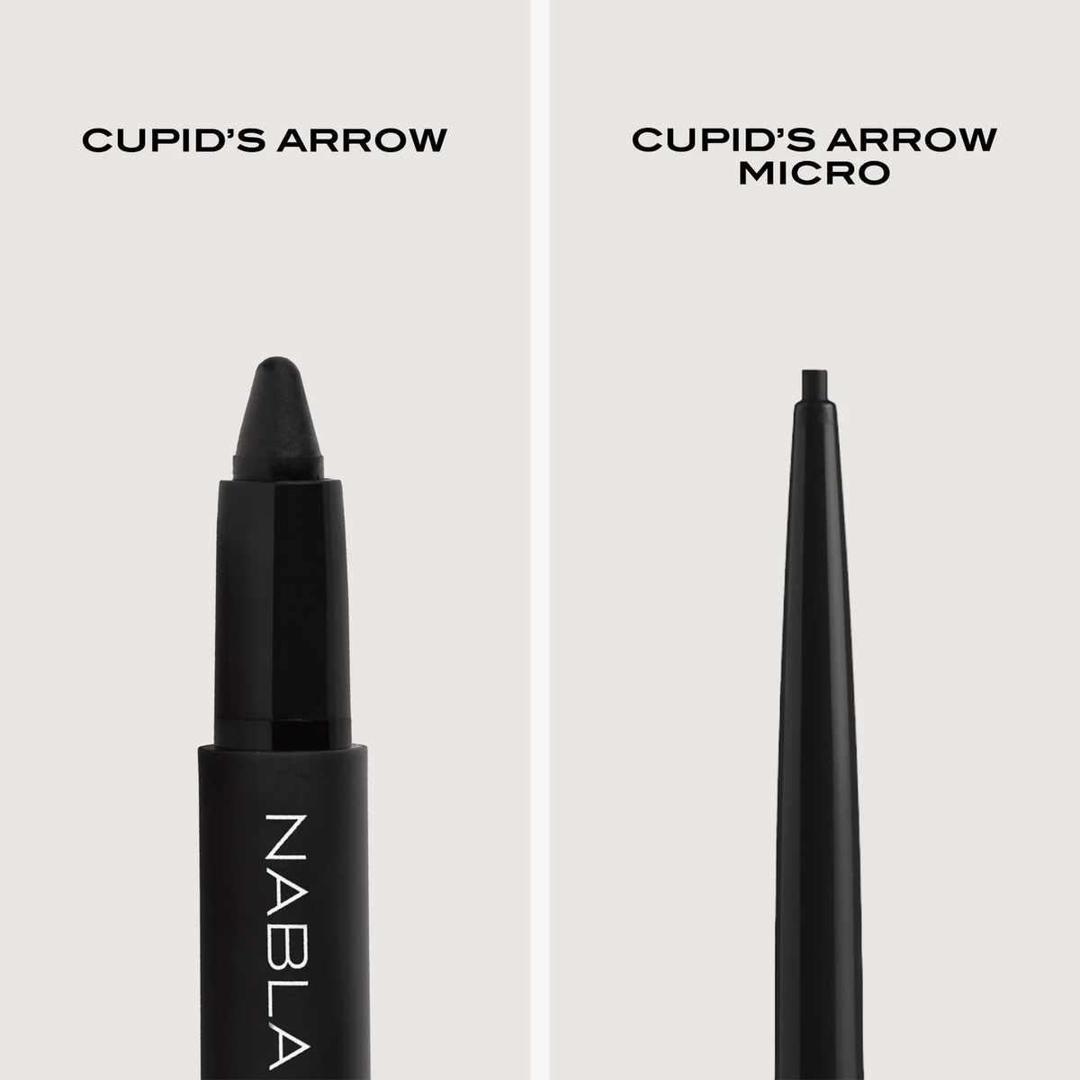 Zwei schwarze NABLA Cosmetics Cupids Arrow Micro Eyeliner: einer mit einer dicken Spitze, einer mit einer ultrafeinen Spitze.