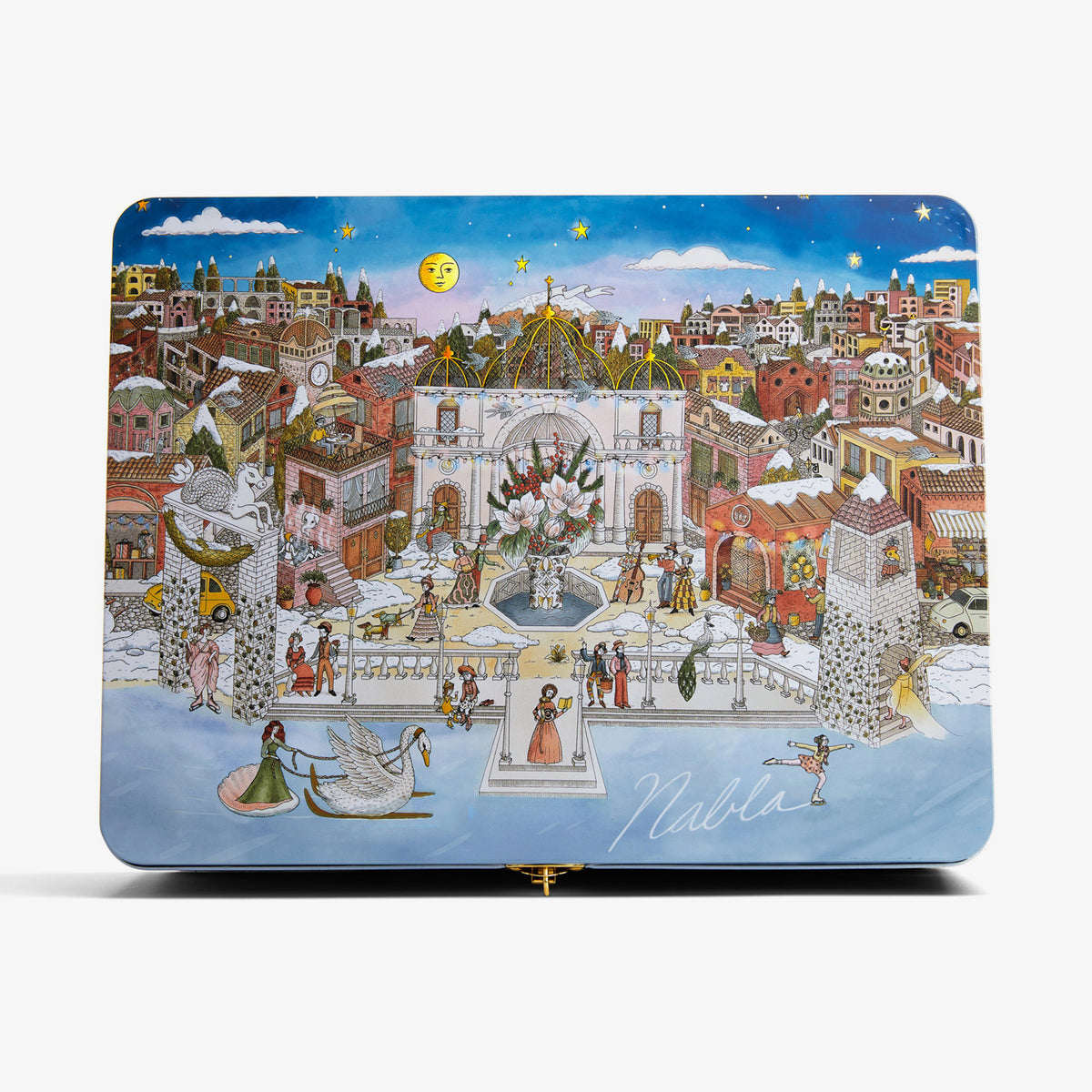 Der NABLA Adventskalender 2025 von NABLA Cosmetics zeigt ein farbenfrohes, skurriles Design mit einem lebendigen Stadtplatz, Menschen, Schwänen und festlichen Gebäuden unter einem Sternenhimmel.