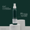 Eine dunkelgrüne Flasche mit dem „Philip Kingsley Density Thickening Protein Spray“ steht auf weißen Sockeln, daneben sind Statistiken zur Haarpflege zu sehen.