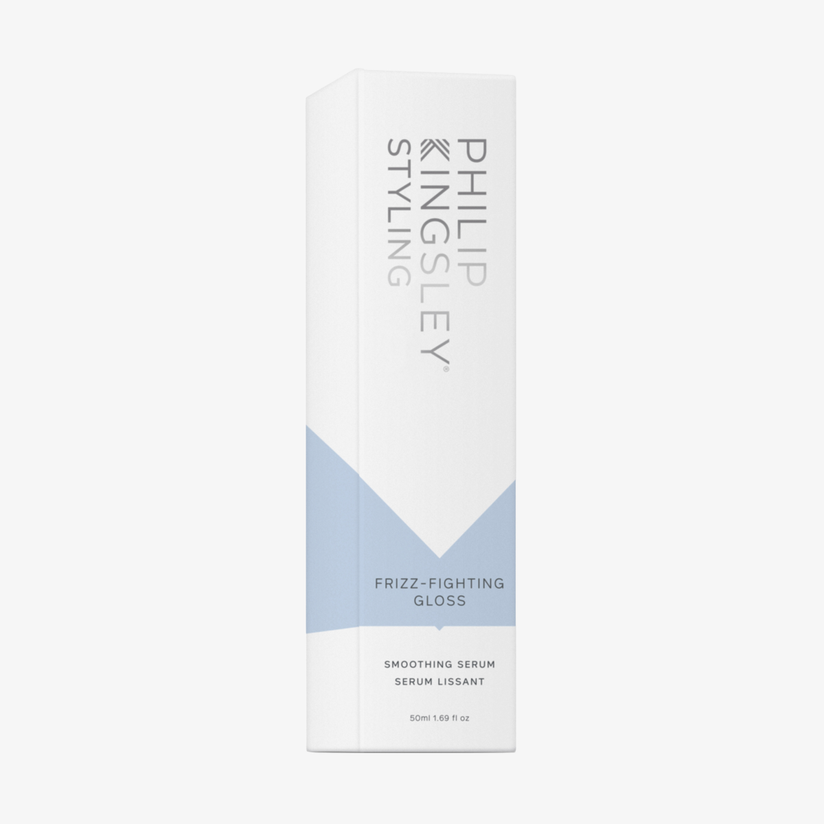 Weiß-blaue Verpackung von Philip Kingsley „Finishing Touch Frizz Fighting Gloss“, 50 ml, gekennzeichnet als Glättungsserum.