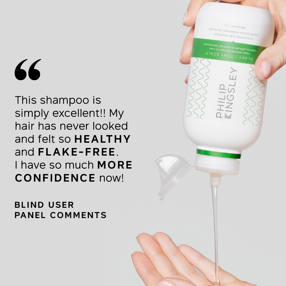 Jemand gibt etwas Philip Kingsley Flaky/Itchy Scalp Curl Anti-Schuppen-Shampoo in die Hand, das für gesundes, schuppenfreies Haar und mehr Selbstvertrauen gelobt wird.