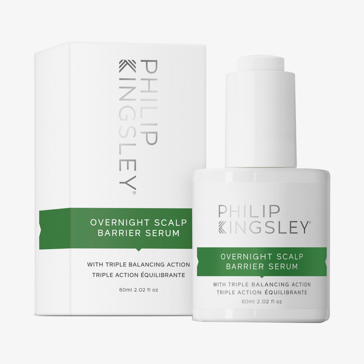 Eine weiße Flasche und Verpackung des „Philip Kingsley Overnight Scalp Barrier Serum“ mit grünem und grauem Etikett und Text.